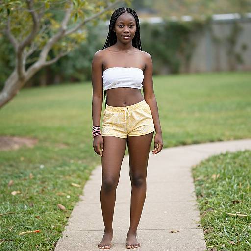 Young Woman in White Tube Top and Yellow Shorts Standing Outdoors