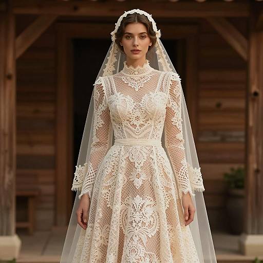 Elegant Vintage Lace Wedding Dress with High Neck and Veil