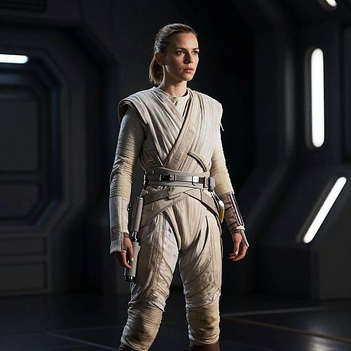 Rey Woman in Star Wars The Last Jedi Outfit Standing in Sci-Fi Corridor