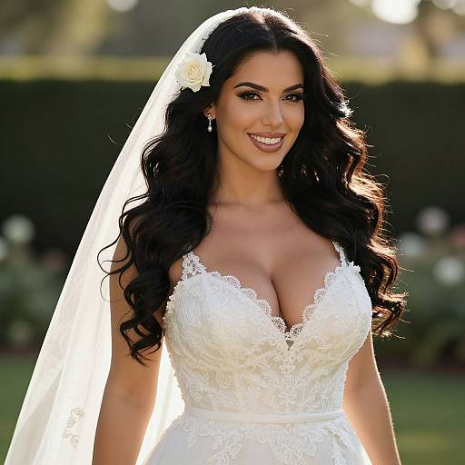 Elegant Bride in Lace Wedding Dress with Veil and Rose Hair Accessory