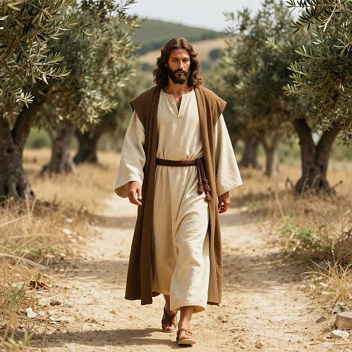 Man in Biblical Robes Walking Through Olive Grove