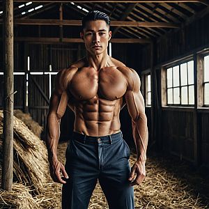 Muscular Man Shirtless in Barn