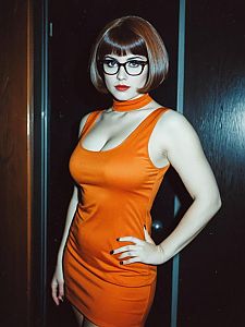 Woman in Velma Halloween Costume Photorealistic Glamour Cosplay