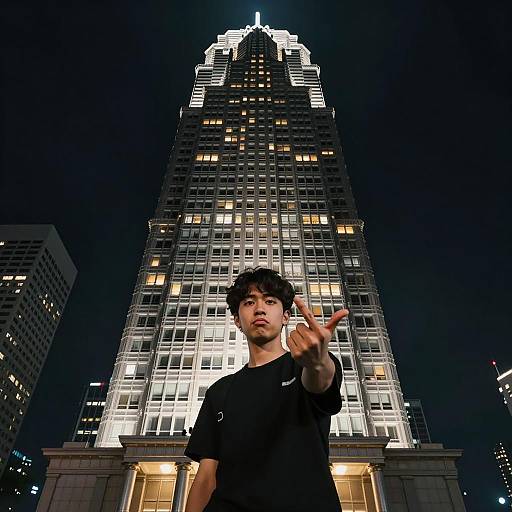 Young Man Posing at Night in Front of Illuminated Skyscraper Urban Gen Z Style
