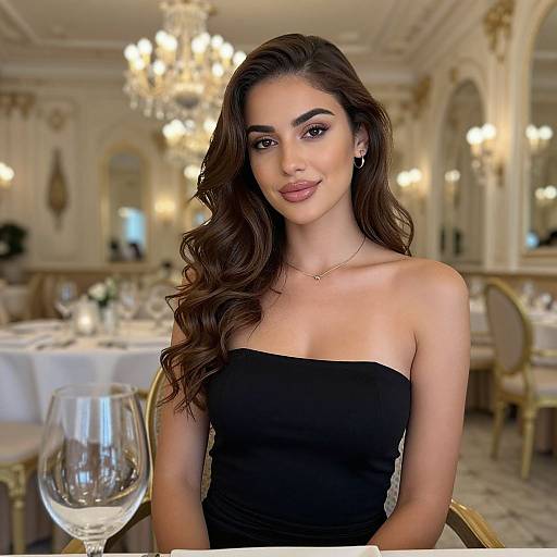 Elegant Woman in Black Dress at Luxury Dining Room