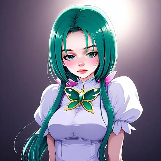 Akimoto Komachi Anime Portrait with Teal Hair and Butterfly Brooch