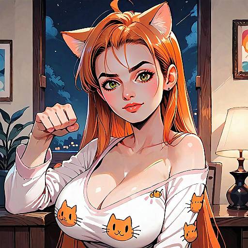 Anime Style Confident Woman with Cat Ears and Cat Print Shirt