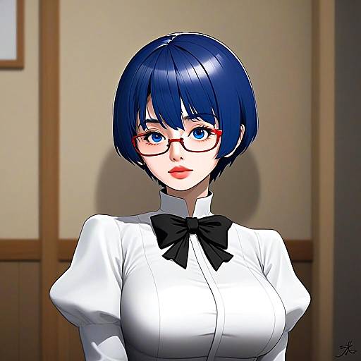 Hakamichi Shizune Blue-Haired Woman with Red Glasses in Anime Style