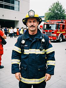 Man in Firefighter Costume at Cosplay Festival with Fire Truck Background