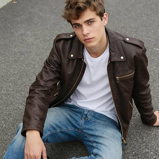 Young Man in Brown Leather Jacket Sitting on Asphalt Casual Style