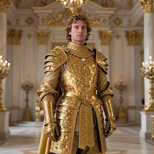 Man in Ornate Golden Medieval Armor in Luxurious Palace