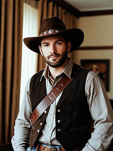 Man in Classic Cowboy Party Clothes with Brown Hat and Vest
