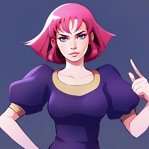 Confident Woman with Pink Hair in Purple Dress Digital Art