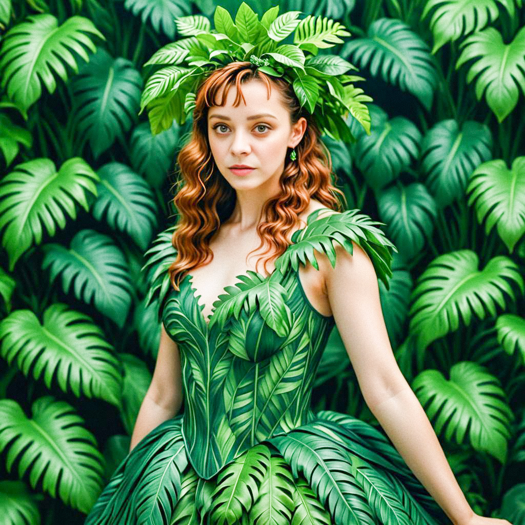 Stunning Woman in Leaf-Patterned Gown