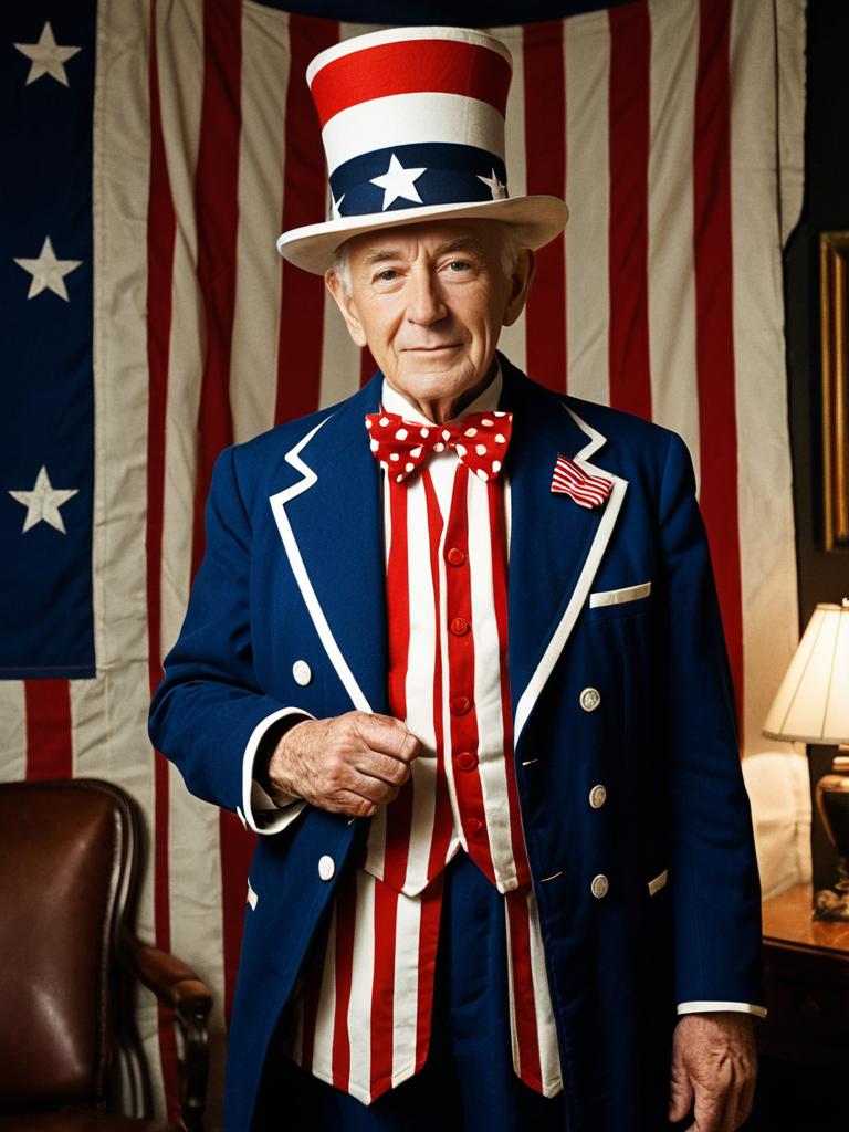 Elderly Man in Patriotic Costume with American Flag