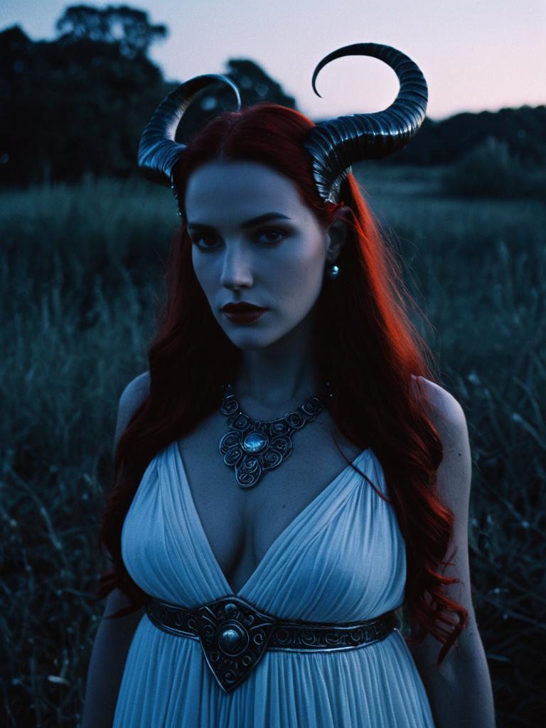 Photorealistic Woman in Lilith Goddess Costume Outdoor Portrait at Twilight