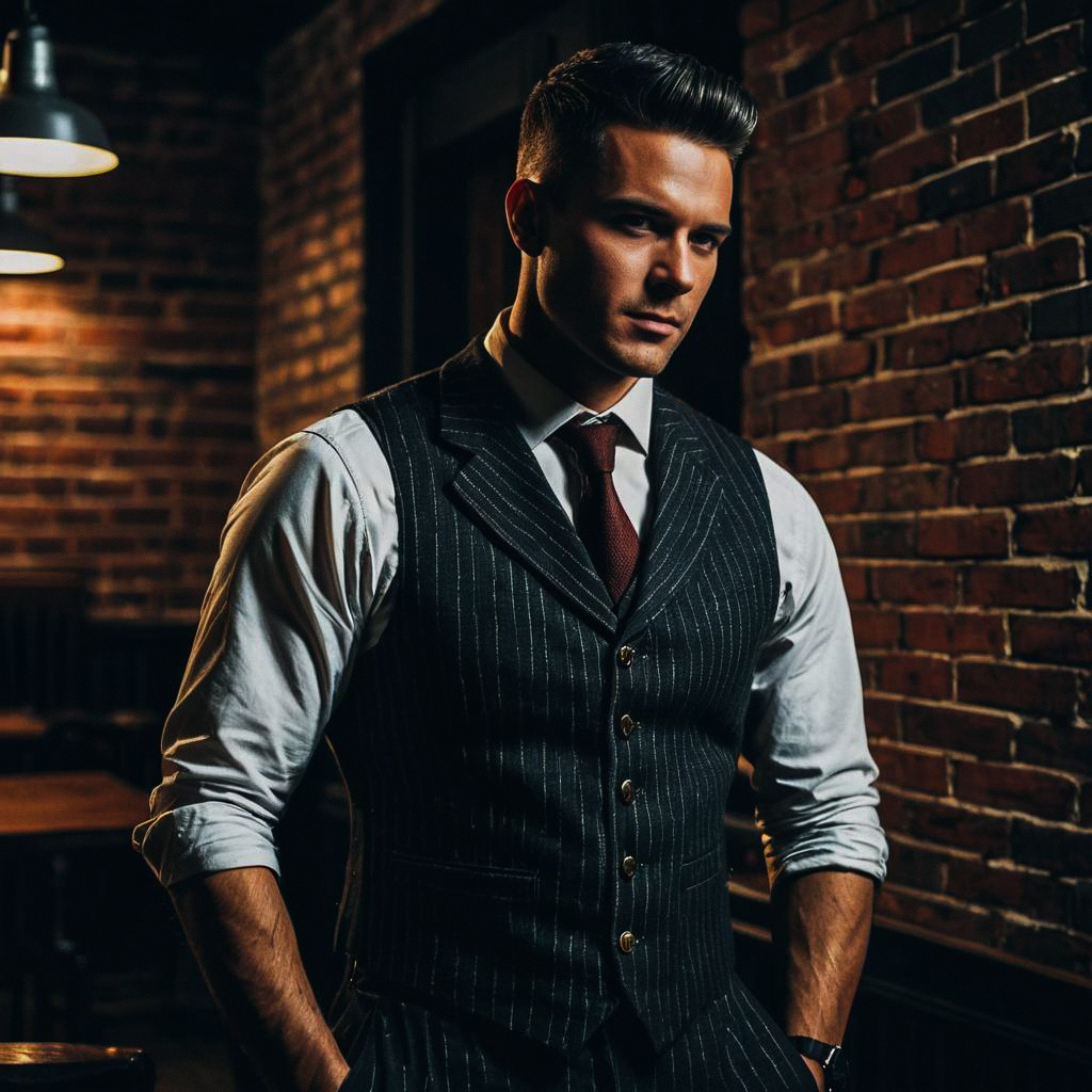 Stylish Man in Vintage Attire Against Brick Wall