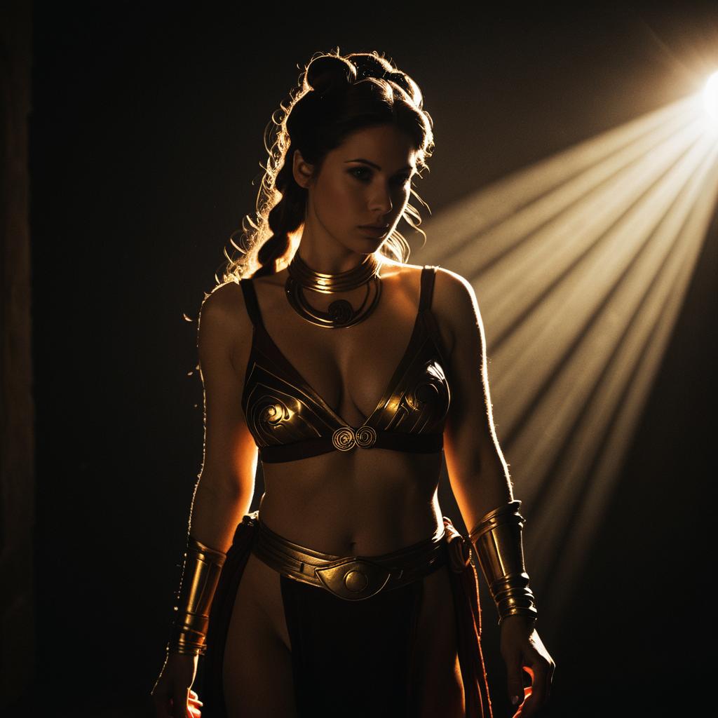 Realistic Fantasy Warrior Woman in Golden Armor Costume with Dramatic Lighting