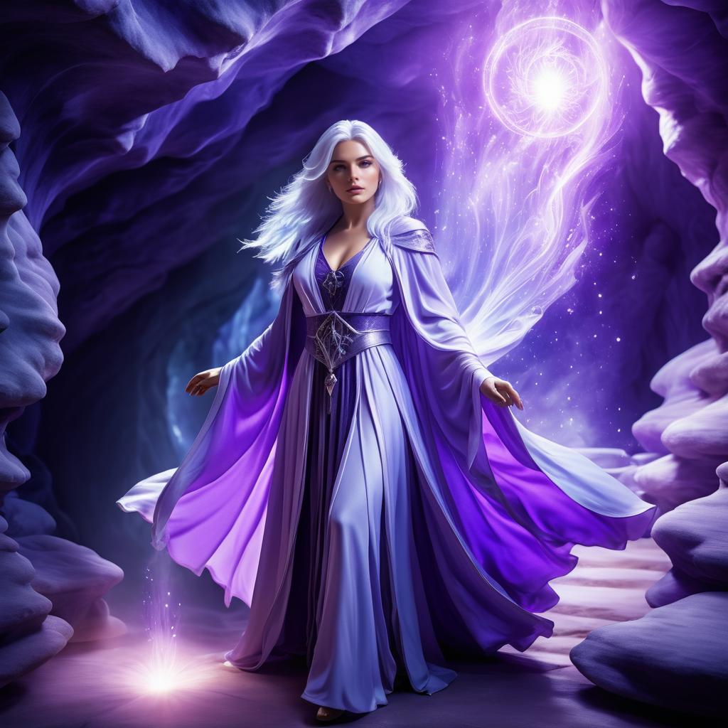 Mystical Woman with Silver Hair in Purple Gown and Ethereal Wings