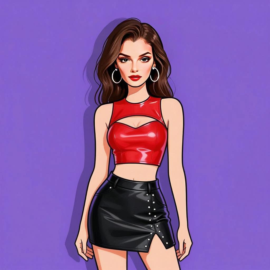 Stylish Woman in Red Latex Crop Top and Black Leather Skirt Illustration