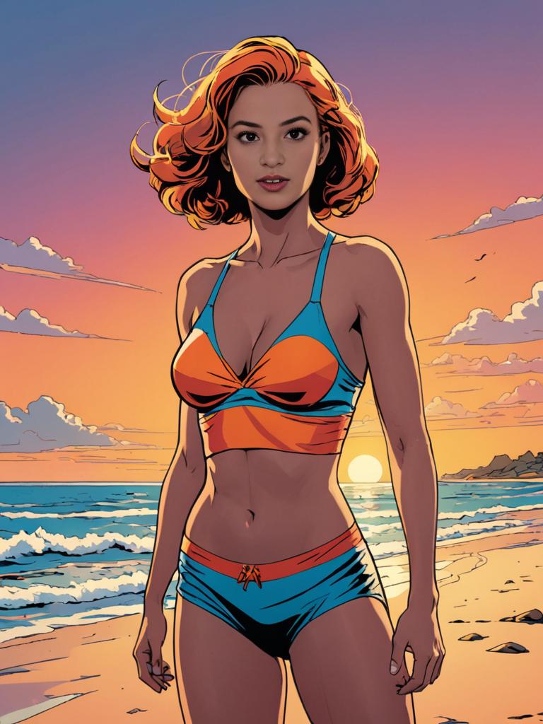 Pixu-style woman on beach at sunset