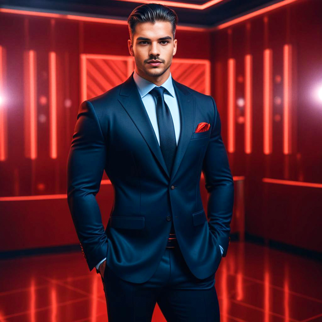 Confident Man in Tailored Navy Suit with Red Lighting