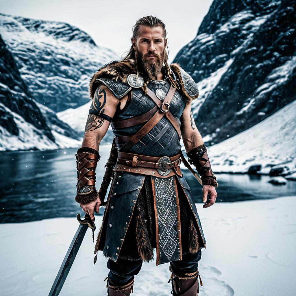 Realistic Viking Warrior in Snowy Mountain Landscape