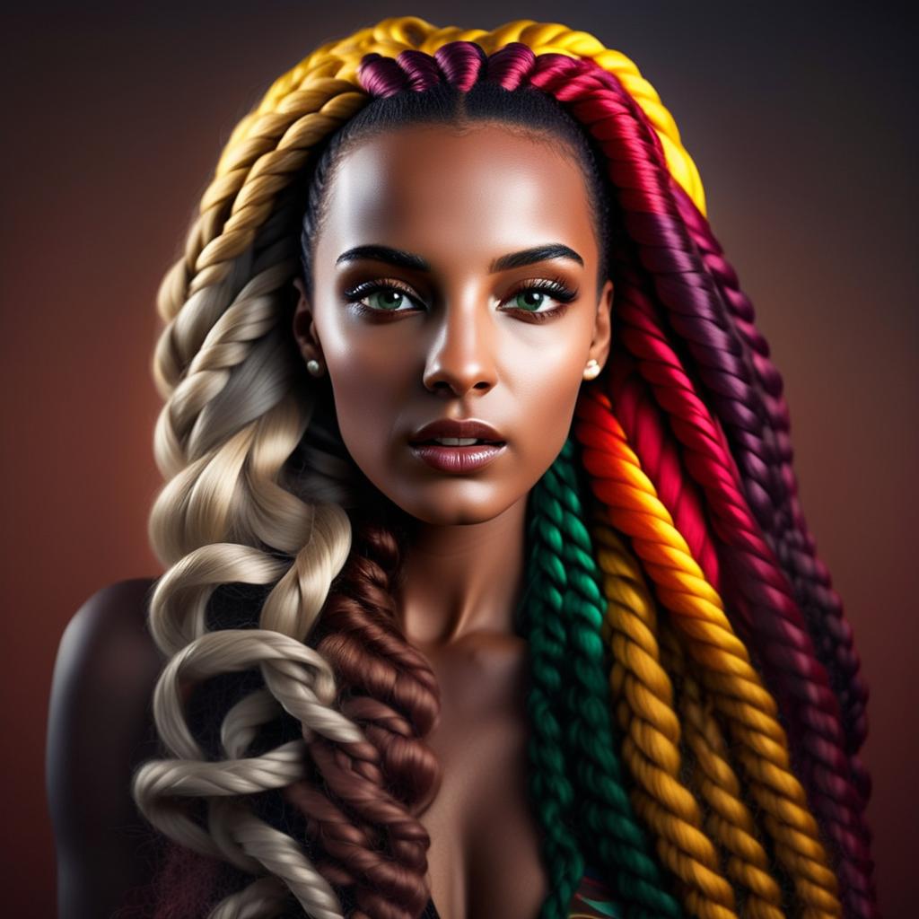Portrait of Woman with Multicolored Braided Hair and Green Eyes