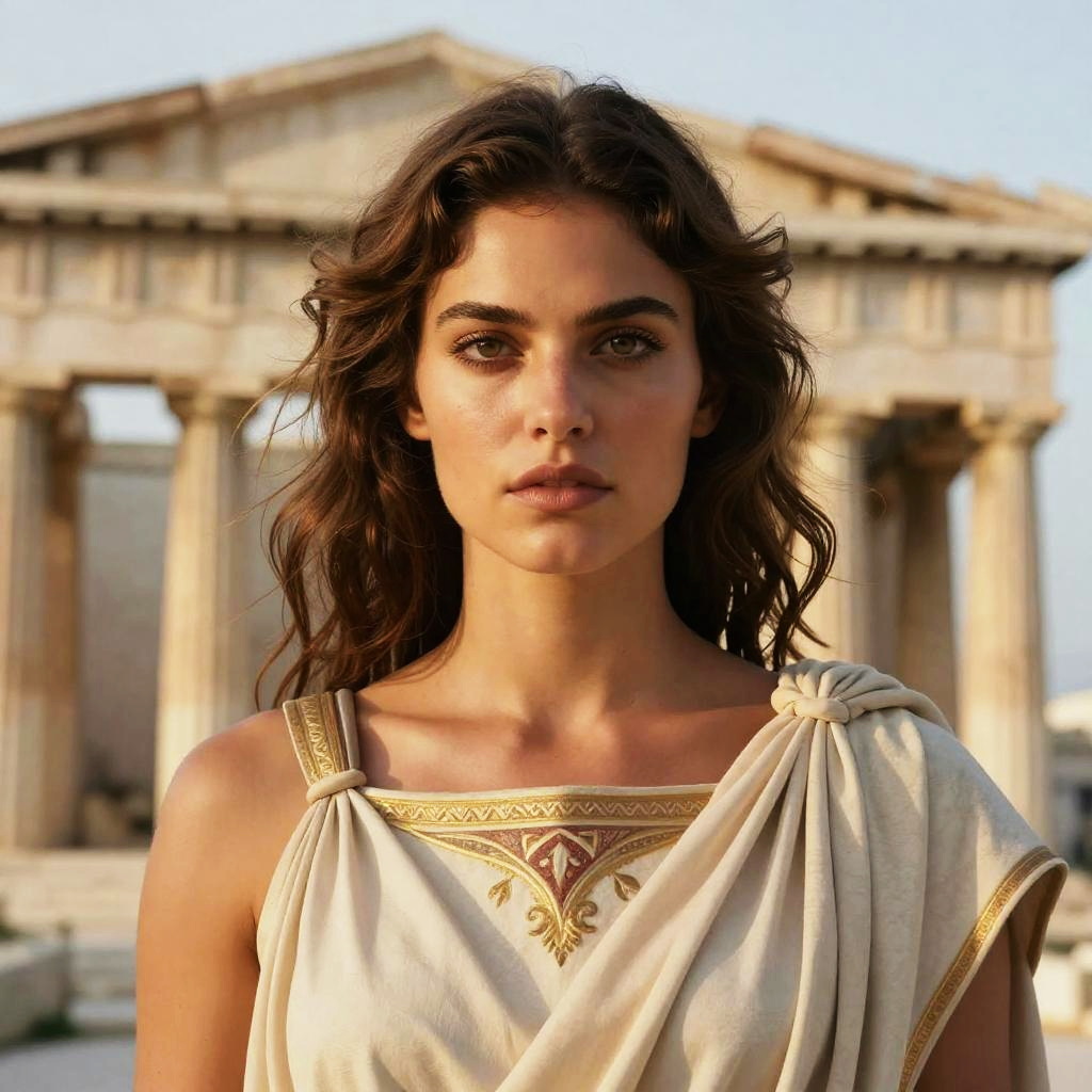 Young Woman in Modern Grecian Dress by Ancient Temple