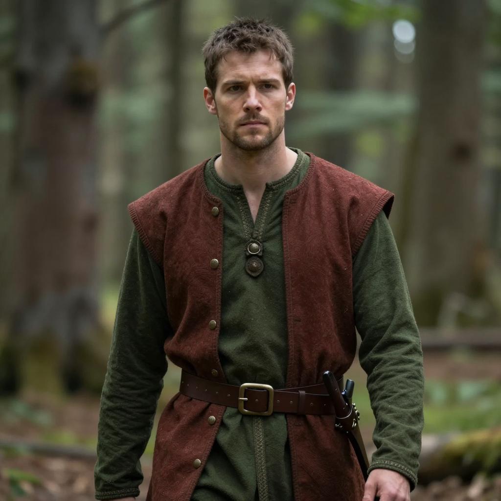 Medieval Man in Green Tunic and Brown Vest Forest Setting