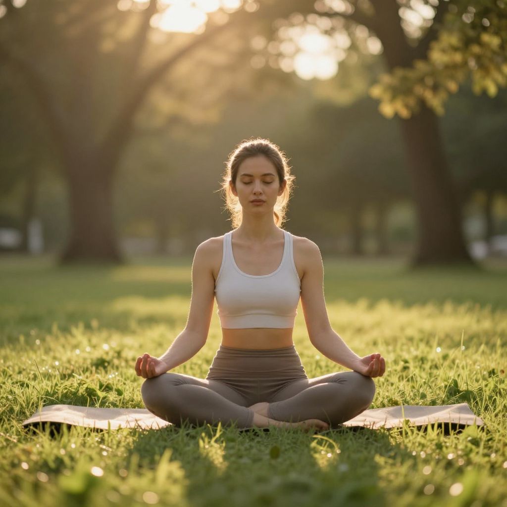 Woman Meditating in Park at Sunrise with Yoga Mat