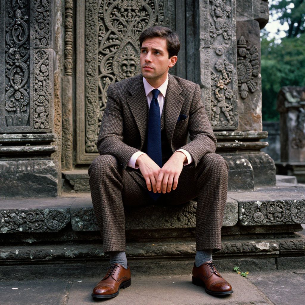 Man in Brown Checked Suit Sitting on Ornate Stone Steps