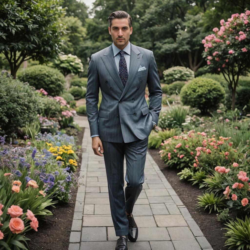 Confident Man in Stylish Suit in Lush Garden