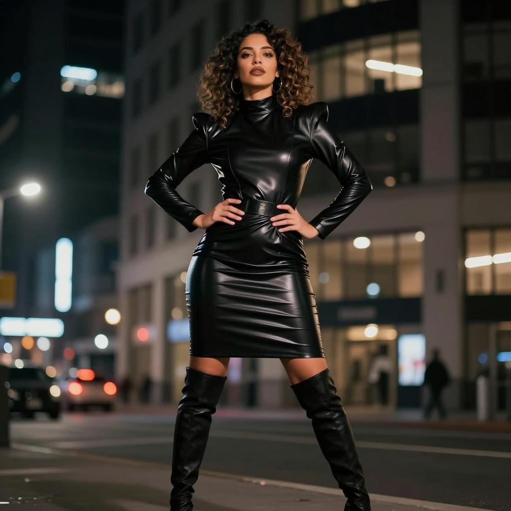 Confident Woman in Black Leather Dress and Thigh-High Boots Urban Night Fashion
