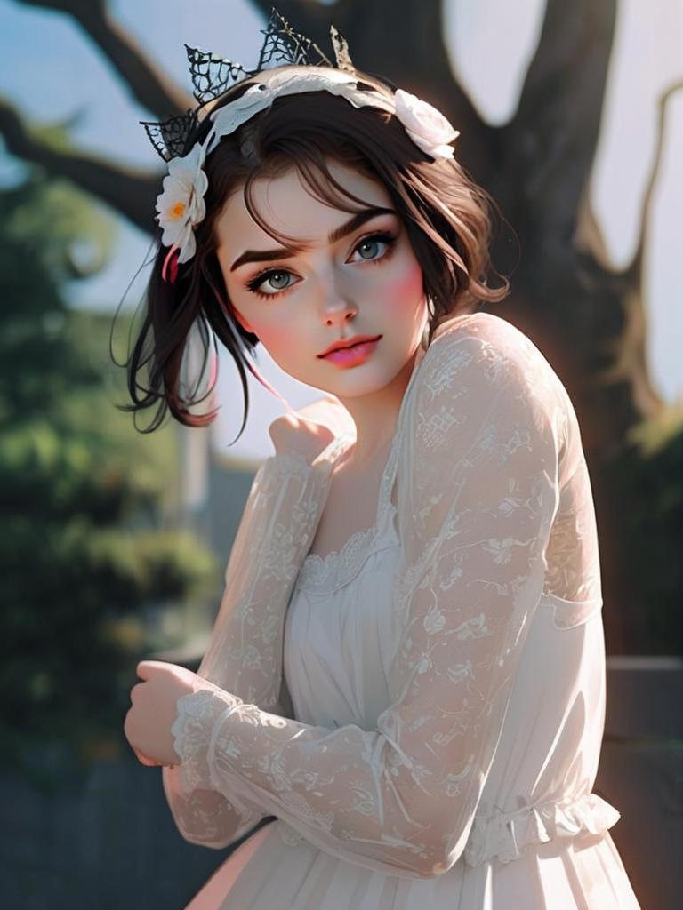 Portrait of Woman in White Lace Dress with Floral Headpiece Outdoors
