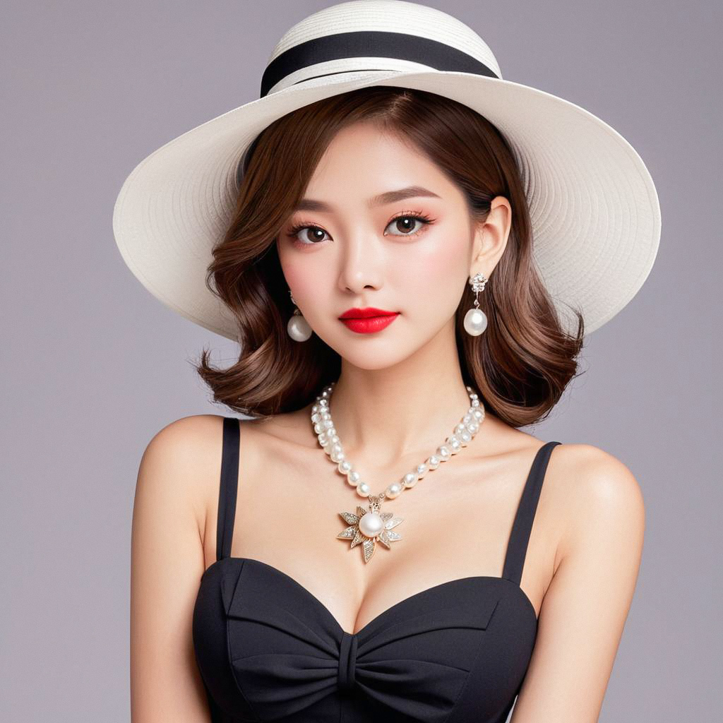 Elegant Woman in White Hat and Pearl Jewelry Elegant Woman in White Hat and Pearl Jewelry
