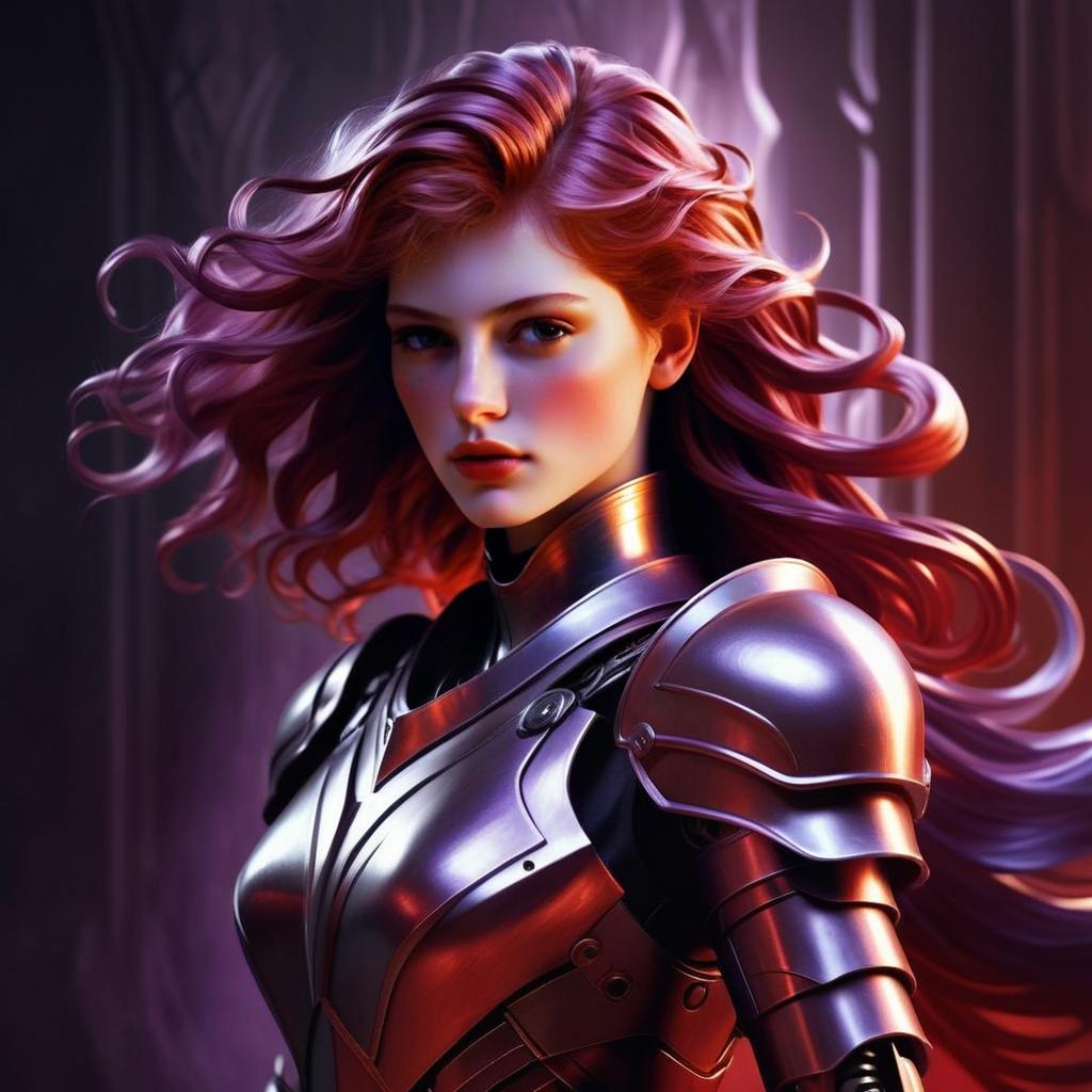 Fierce Woman in Silver Armor with Pinkish-Red Hair