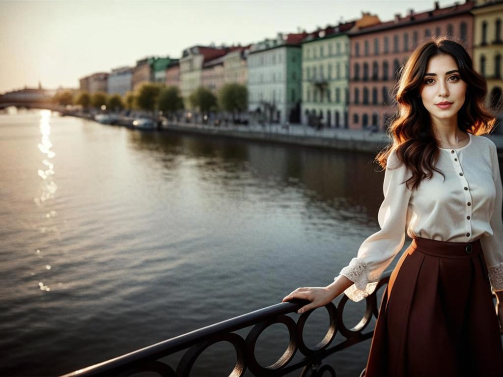 Elegant Woman by River at Golden Hour