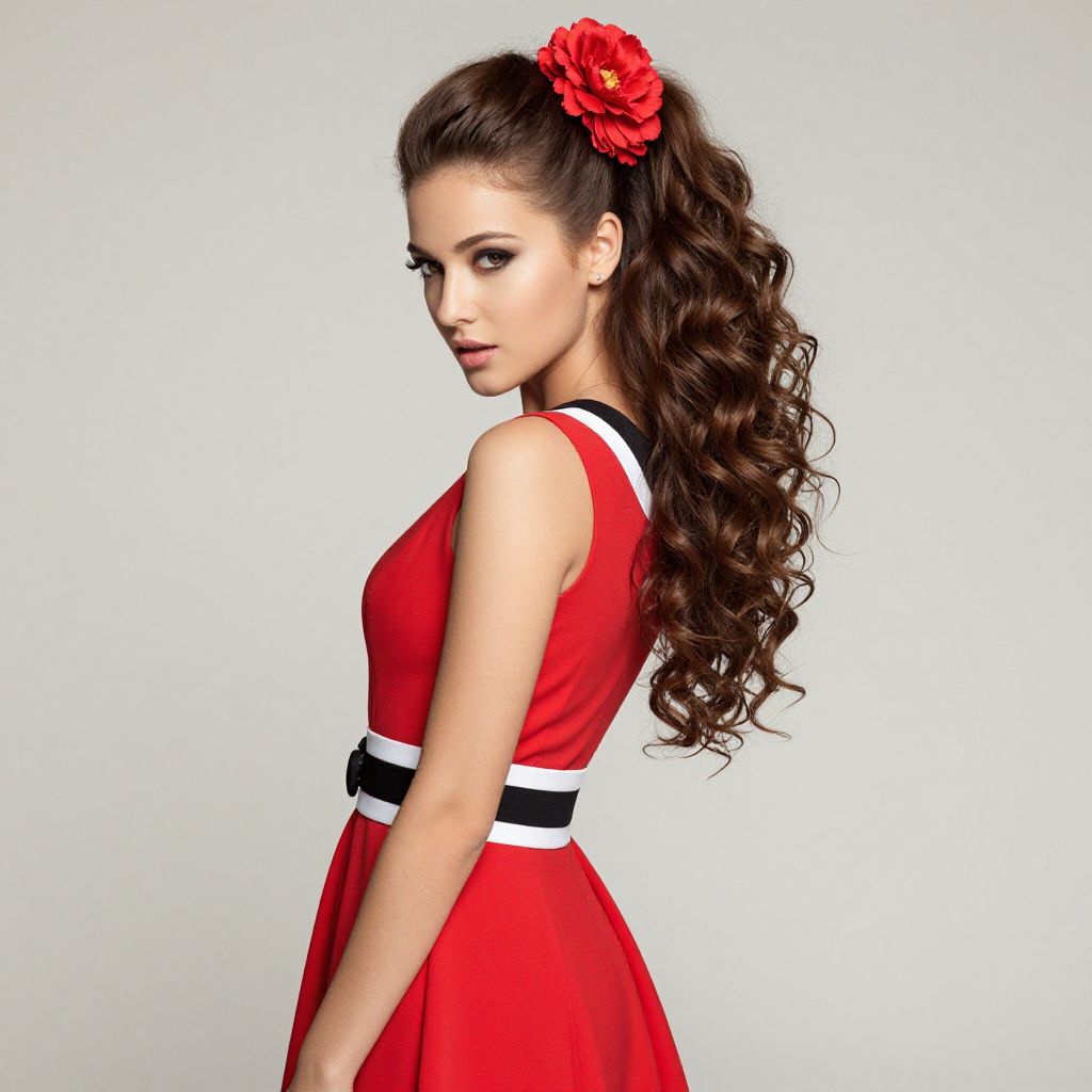 Elegant Woman in Red Dress with Curly Hair and Flower Accessory