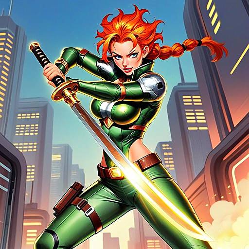 Red-Haired Woman Wielding Katana in Futuristic City Comic Style