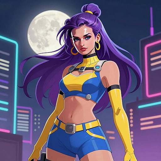 Futuristic Young Woman with Purple Hair in Neon Cityscape