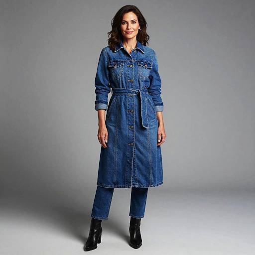Woman in Stylish Denim Dress and Pants Outfit