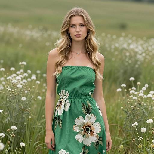 Young Woman in Floral Green Dress Standing in Meadow with Wildflowers