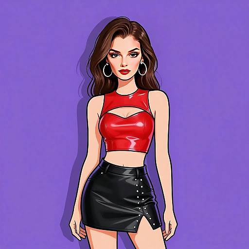 Stylish Woman in Red Latex Crop Top and Black Leather Skirt Illustration