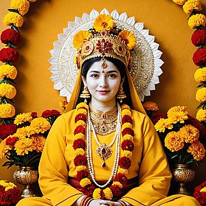 Traditional Indian Woman in Regal Attire with Floral Decorations