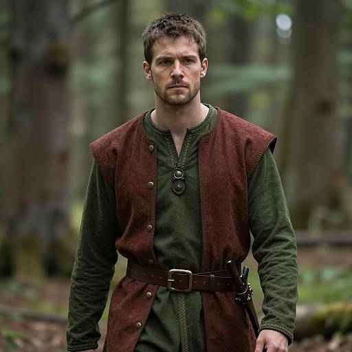 Medieval Man in Green Tunic and Brown Vest Forest Setting