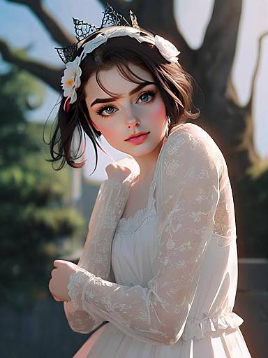 Portrait of Woman in White Lace Dress with Floral Headpiece Outdoors