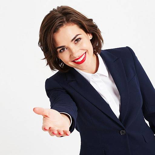 Confident Woman in Navy Blazer Extending Hand with Friendly Smile