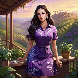 Young Woman in Purple Dress on Balcony at Sunset
