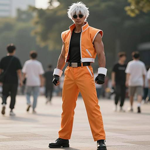 Man in Orange Anime Cosplay Outfit with White Spiked Hair and Sunglasses
